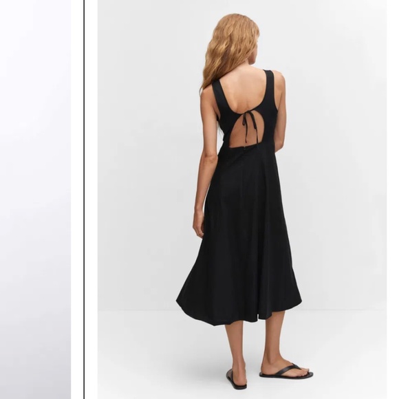 MANGO MNG Black linen midi dress with back cut out / back tie - Picture 1 of 7